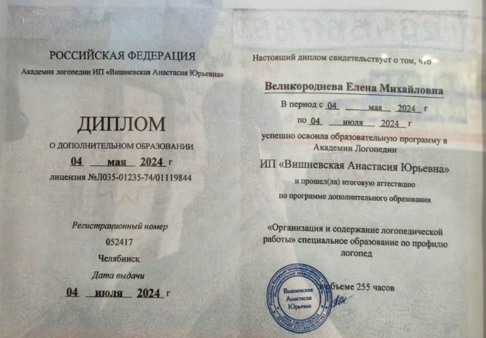 Диплом о дополнительном образовании: «Организация и содержание логопедической работы», специальное образование по профилю логопед — 255 часов, Академия логопедии, 2024