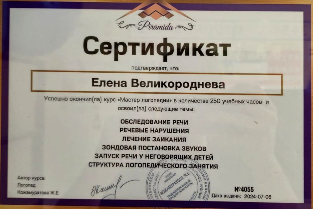 Сертификат: курс «Мастер логопедии» — 250 учебных часов